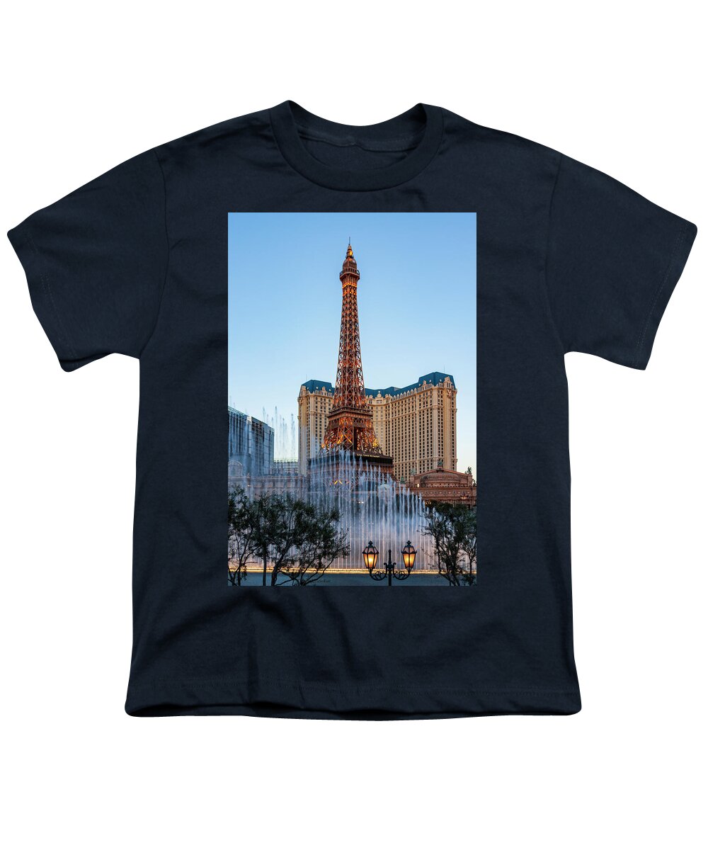 Paris Las Vegas Youth T-Shirt featuring the photograph Romantic Paris Las Vegas at dusk by Tatiana Travelways