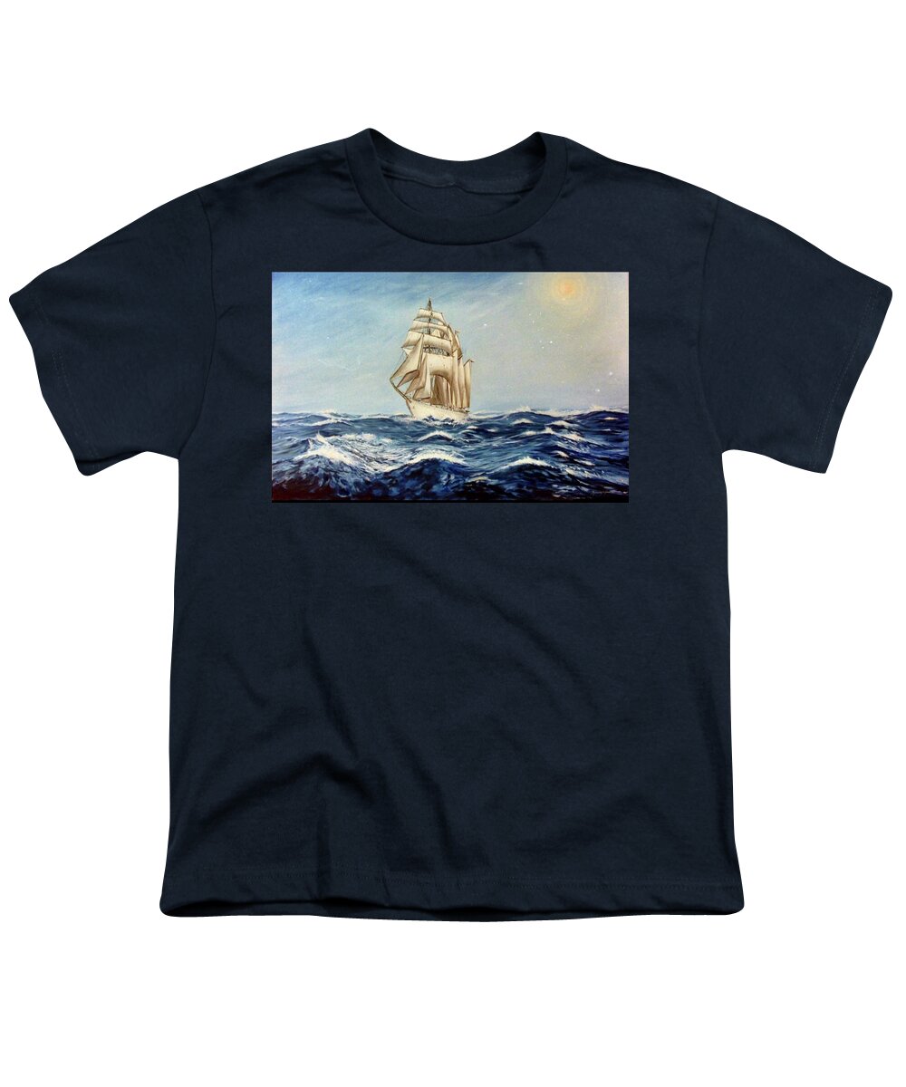 Marine Oil Painting Youth T-Shirt featuring the painting Sailing the world by Rosencruz Sumera