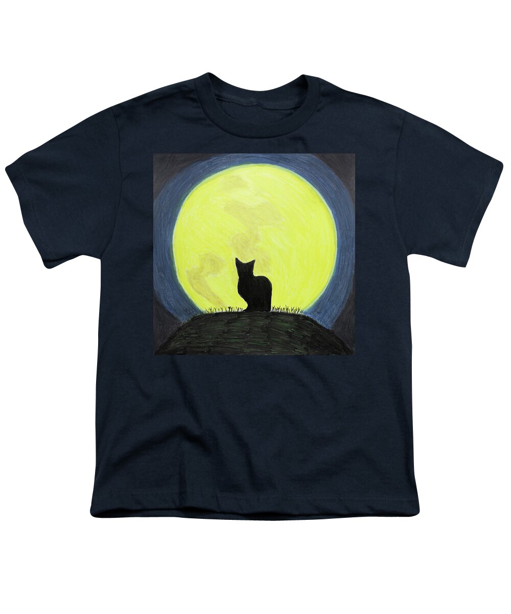 Cat Youth T-Shirt featuring the drawing Salem Silhouette of a Black Cat in front of a Full Moon by Ali Baucom