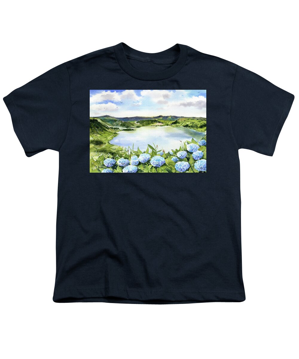 Sete Cidades Youth T-Shirt featuring the painting Sete Cidades in Azores Sao Miguel Painting by Dora Hathazi Mendes