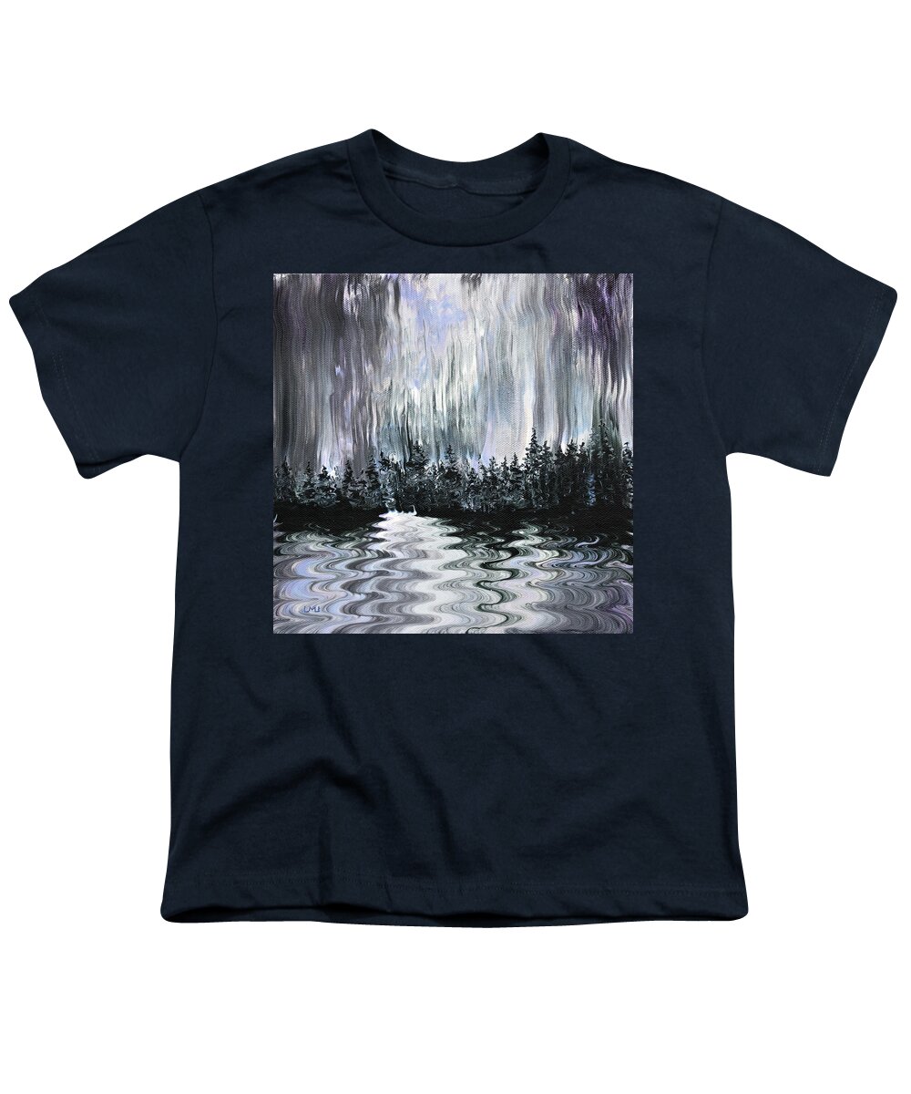 Pacific Northwest Youth T-Shirt featuring the painting Shades of Grey Rain Storm Over a Lake by Laura Iverson
