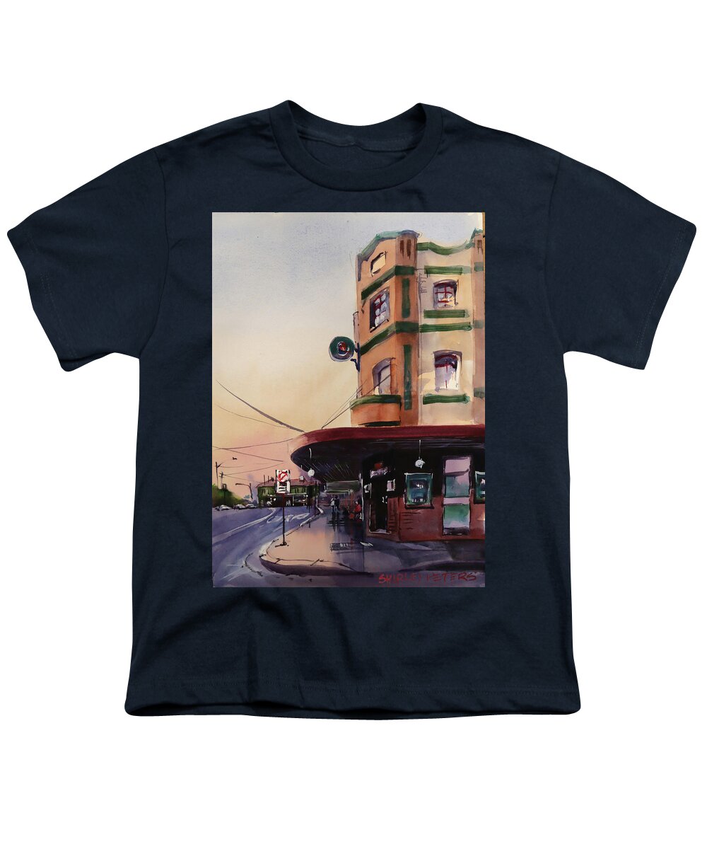 Cityscape Youth T-Shirt featuring the painting Sly Fox Hotel by Shirley Peters
