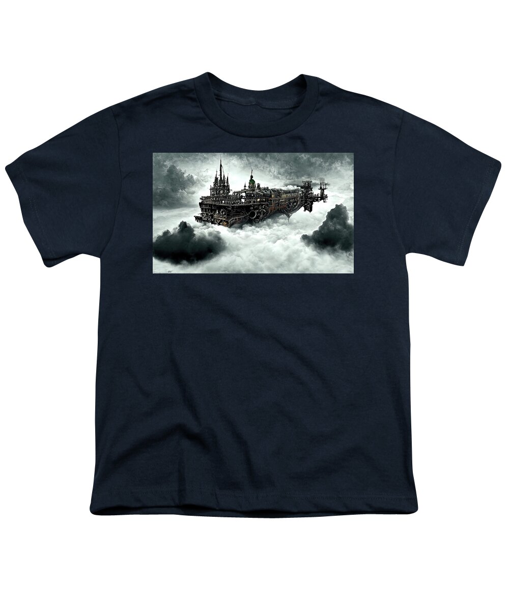 Fantasy Youth T-Shirt featuring the painting Steampunk flying ship, 07 by AM FineArtPrints