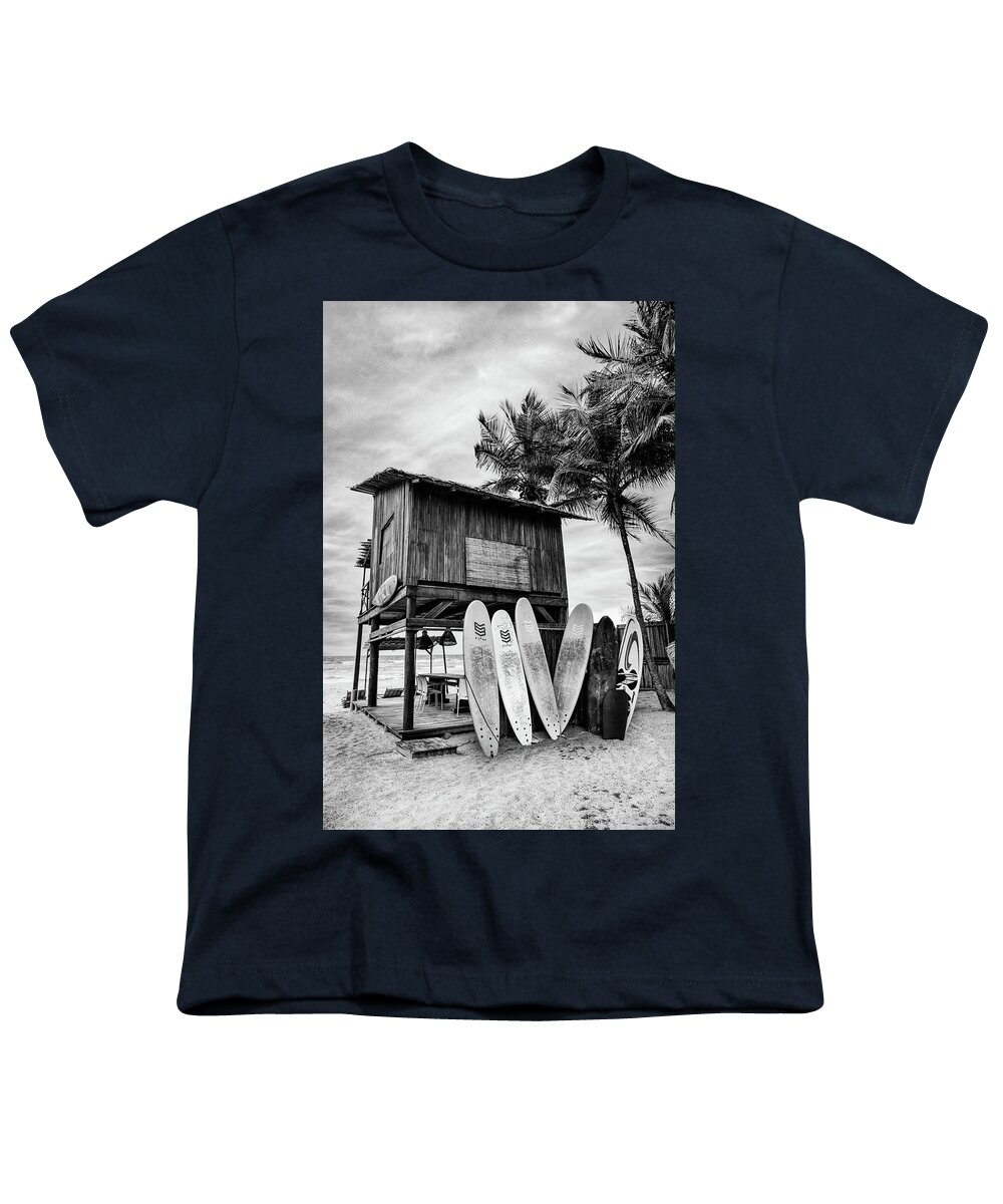 African Youth T-Shirt featuring the photograph Summer Surf Shack Black and White by Debra and Dave Vanderlaan