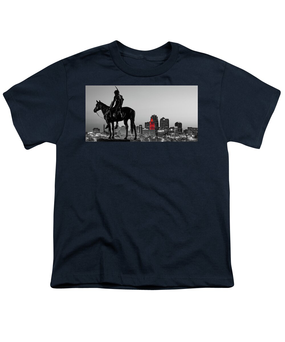 Kansas City Scout Youth T-Shirt featuring the photograph The Kansas City Scout Overlooking The Downtown Cityscape - Selective Color Panorama by Gregory Ballos