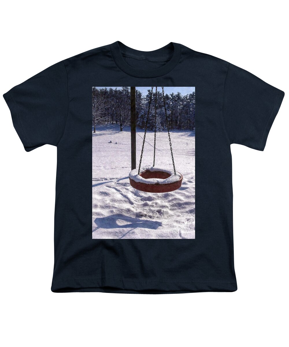 Tire Youth T-Shirt featuring the photograph Tire swing goes unused on a snowy playground by William Kuta