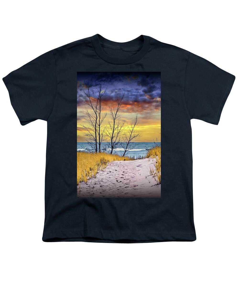 Art Youth T-Shirt featuring the photograph Vertical Photo of a Beach at Sunset on Lake Michigan by Randall Nyhof