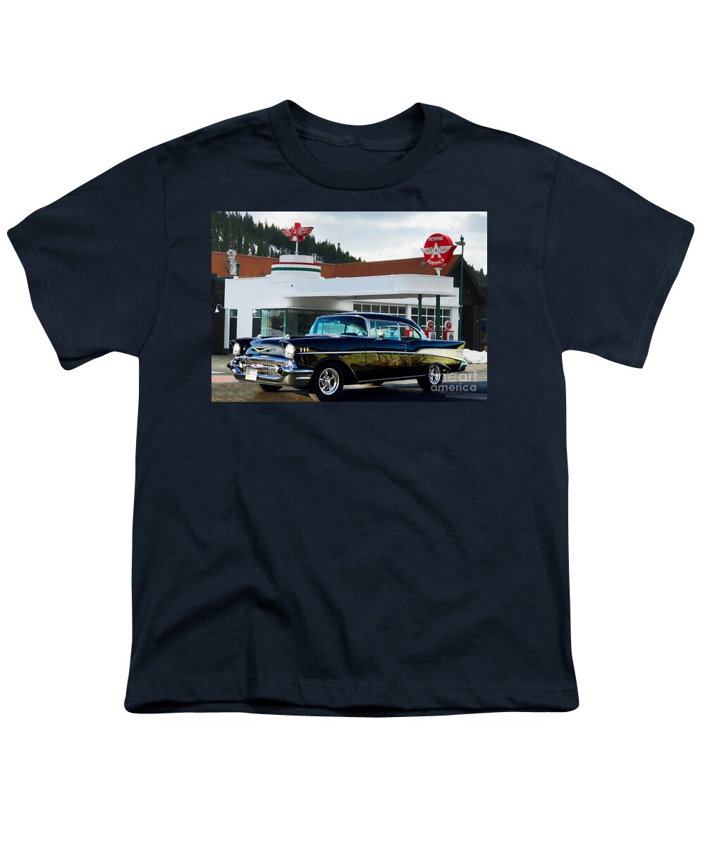 55 Youth T-Shirt featuring the photograph Vintage Flying A Station and 1957 Chevrolet by Doug Gist