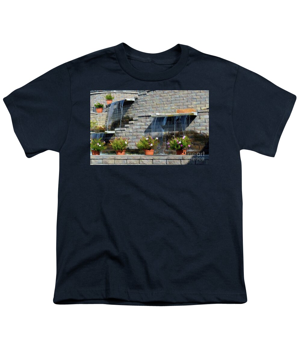 Landscape Wall Youth T-Shirt featuring the photograph Water Wall with Flowers by Roberta Byram