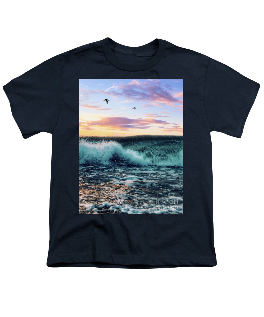 Seagulls Youth T-Shirt featuring the digital art Waves Crashing At Sunset by Phil Perkins