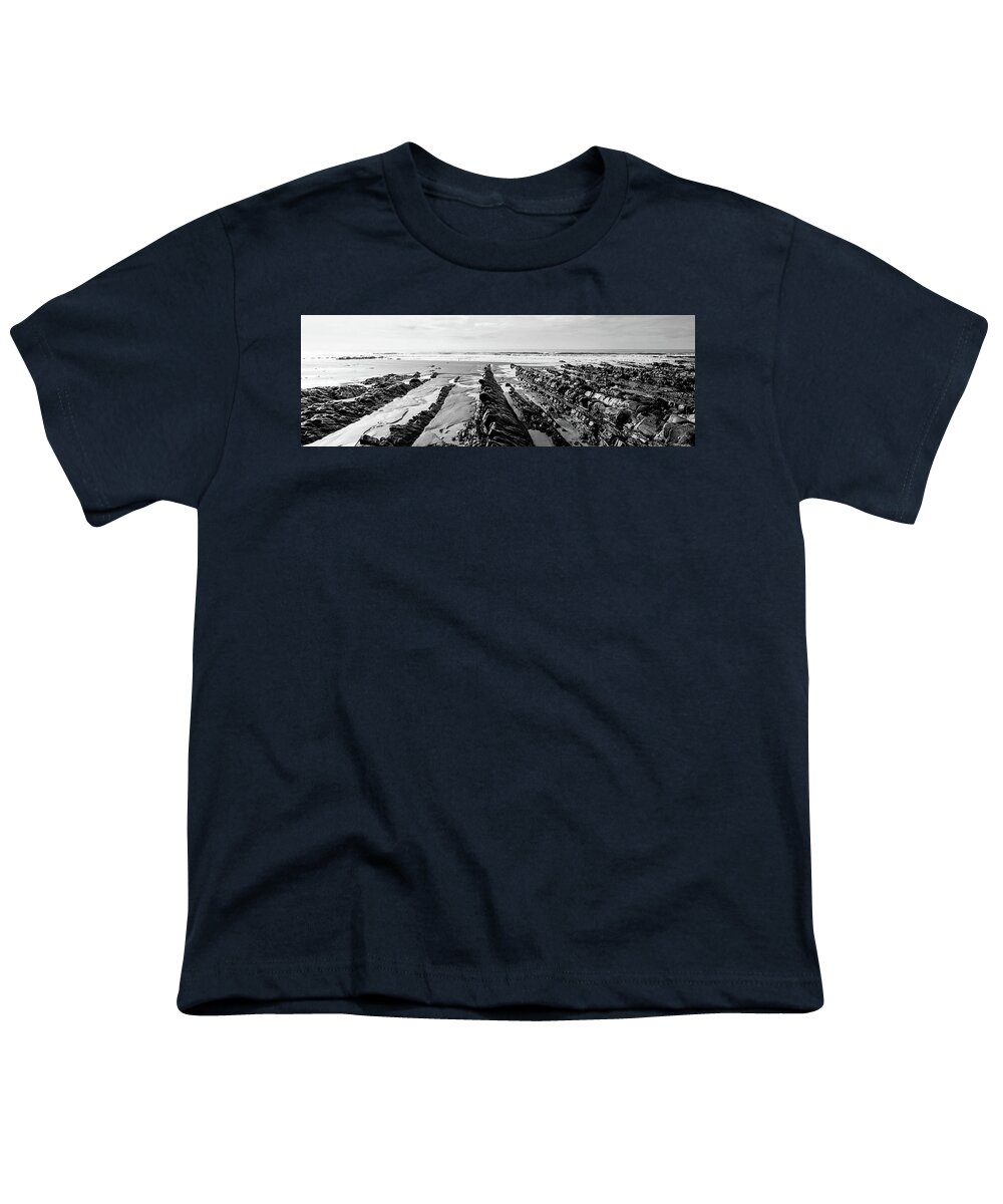 Coast Youth T-Shirt featuring the photograph Welcombe Mouth beach North Devon South West Coast Path black and white by Sonny Ryse