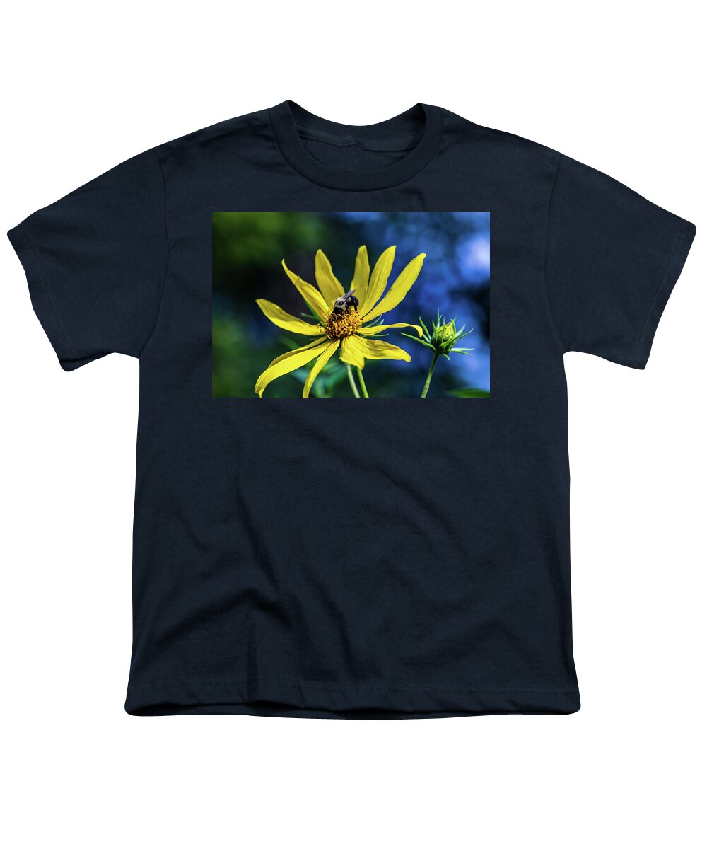 Bee Youth T-Shirt featuring the photograph Yellow Flower with Bee by Amelia Pearn