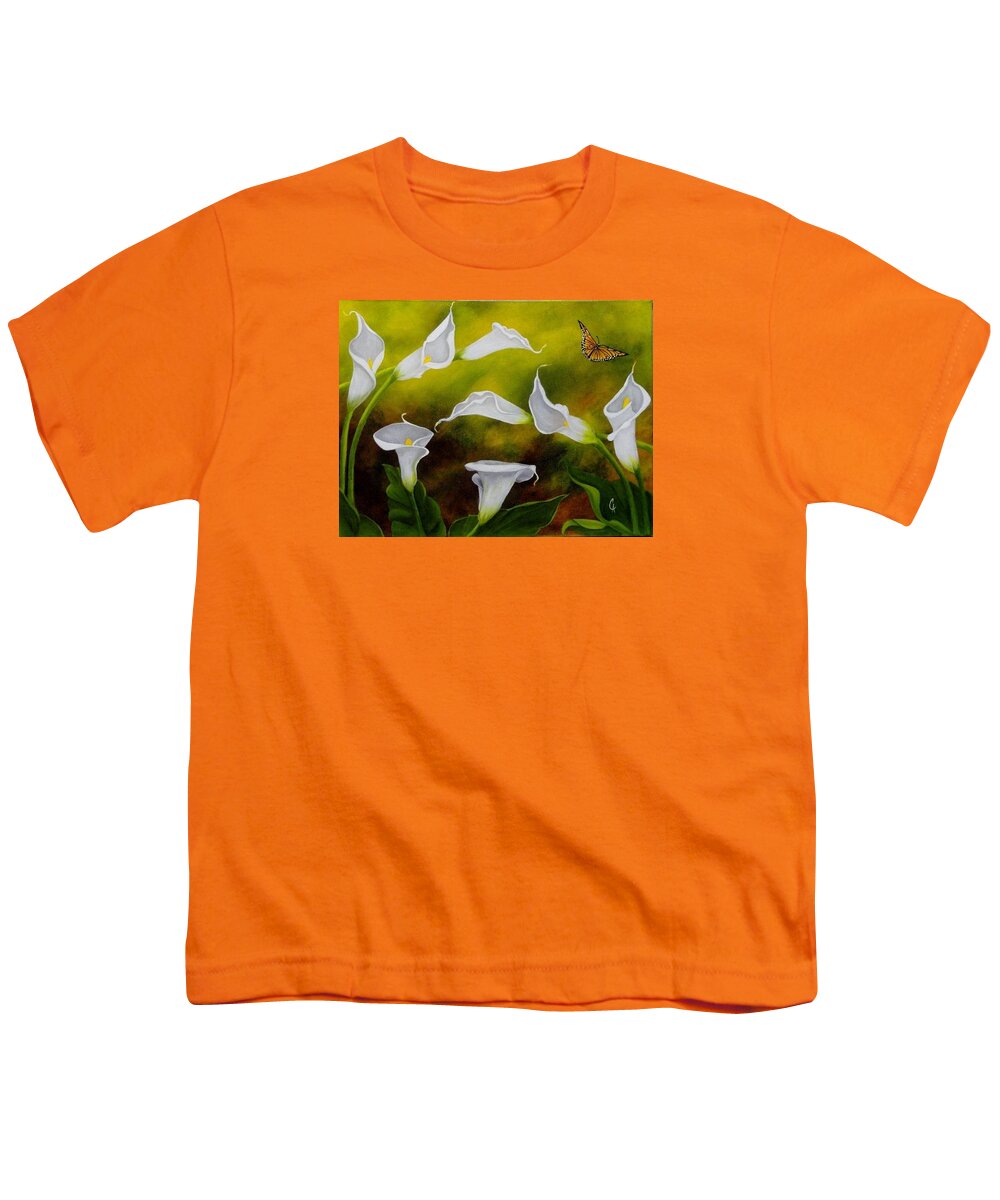 Butterfly Youth T-Shirt featuring the painting Calla Lilies and Butterfly by Carol Avants