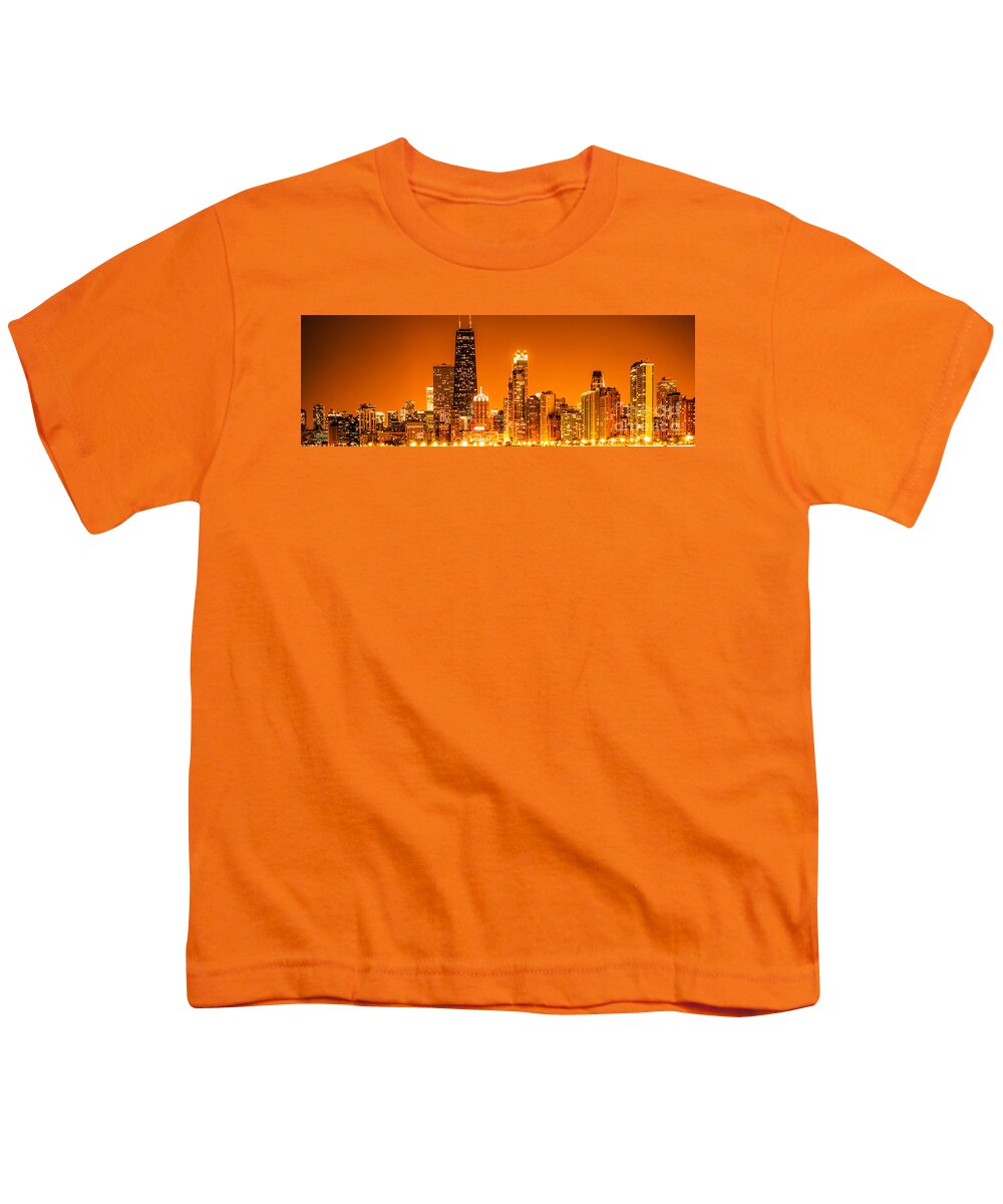 2012 Youth T-Shirt featuring the photograph Chicago Panorama Skyline at Night Orange Tone by Paul Velgos