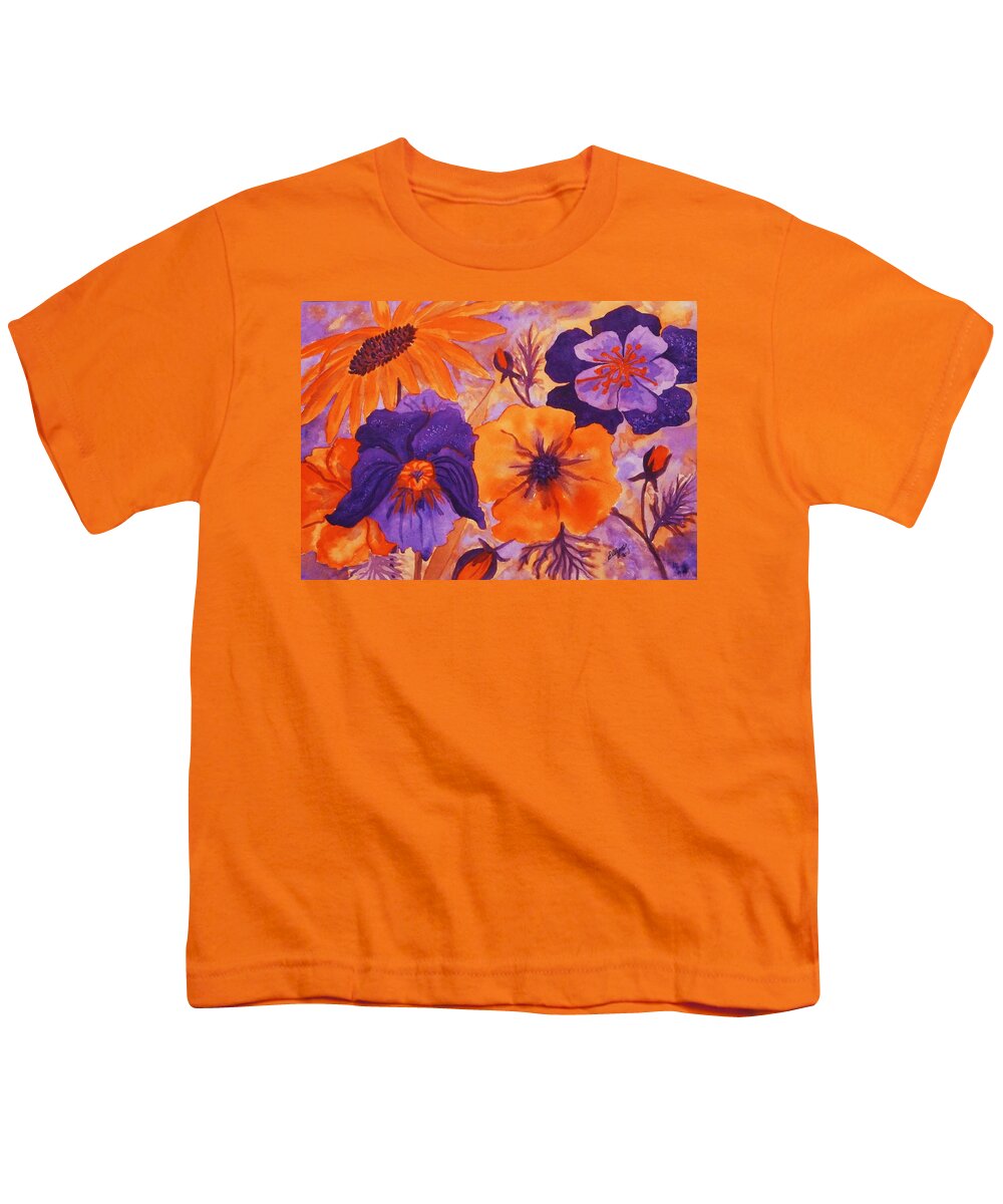 Poppy Youth T-Shirt featuring the painting Floral Images in Orange and Purple by Ellen Levinson