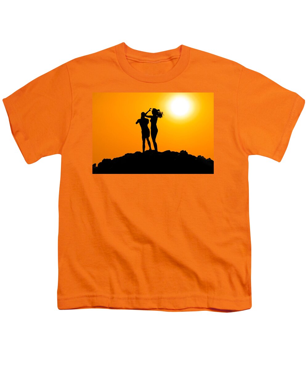 Man Youth T-Shirt featuring the photograph Man and woman silhouette at sunset by Brch Photography
