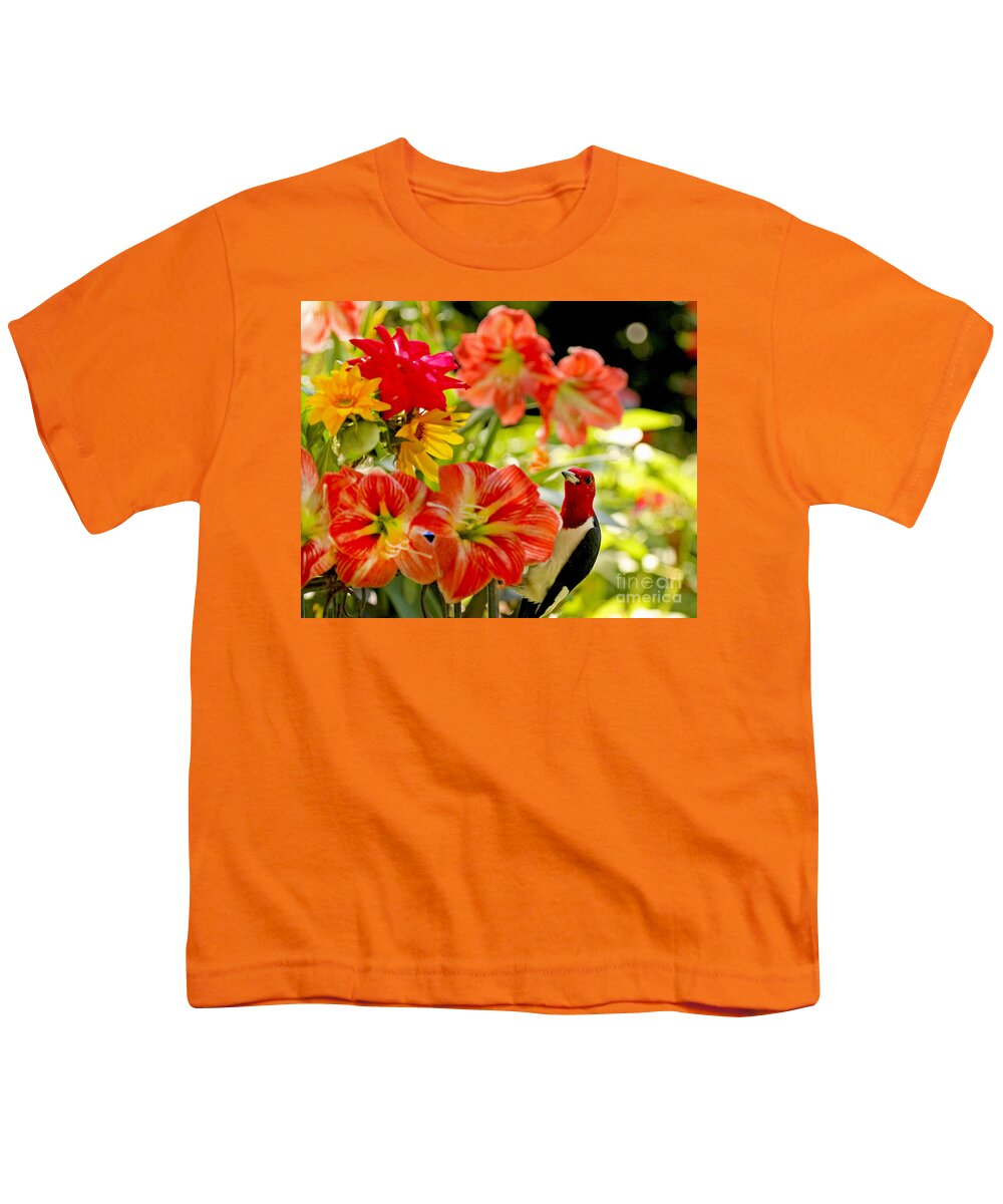 Red Headed Woodpecker Photography Youth T-Shirt featuring the photograph Redheaded Woodpecker and Amaryllis by Luana K Perez