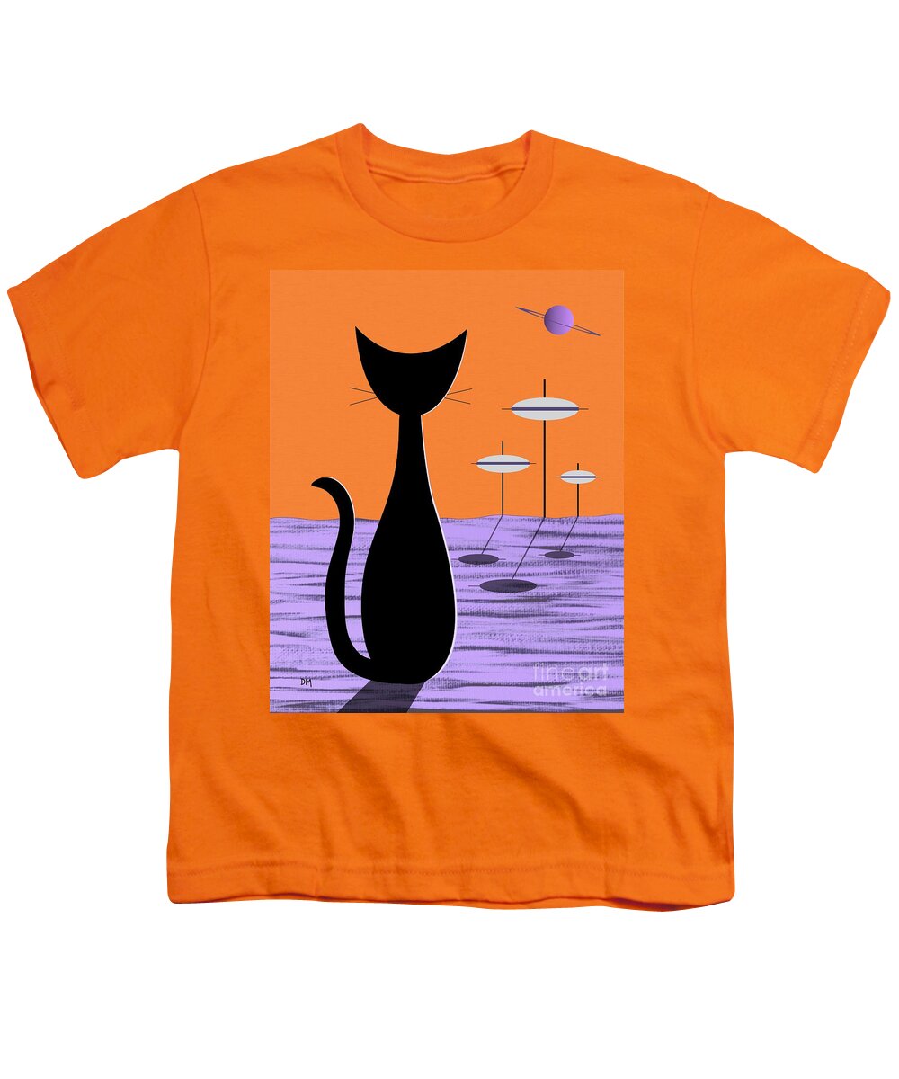 Mid Century Modern Youth T-Shirt featuring the digital art Space Cat Orange Sky by Donna Mibus