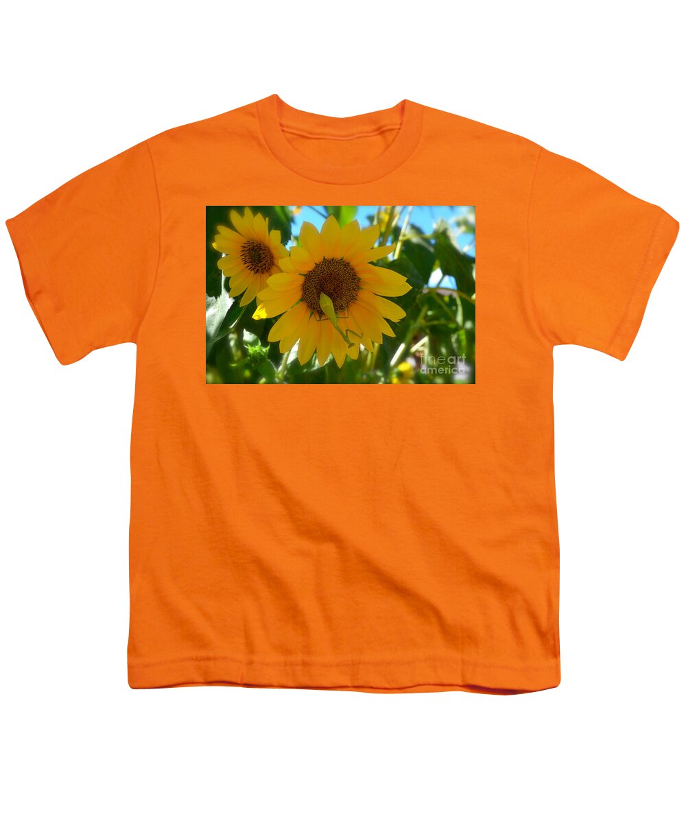 Sunflower With Upside Down Visitor Youth T-Shirt featuring the photograph Sunflower With Upside Down Visitor by Luther Fine Art