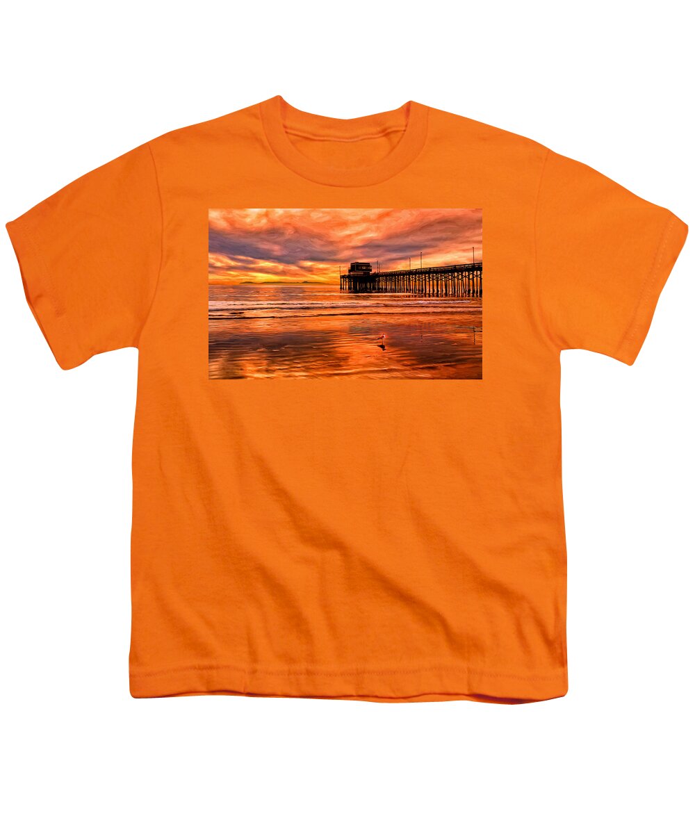 Sunset Youth T-Shirt featuring the painting Sunset at the Newport Beach Pier by Michael Pickett