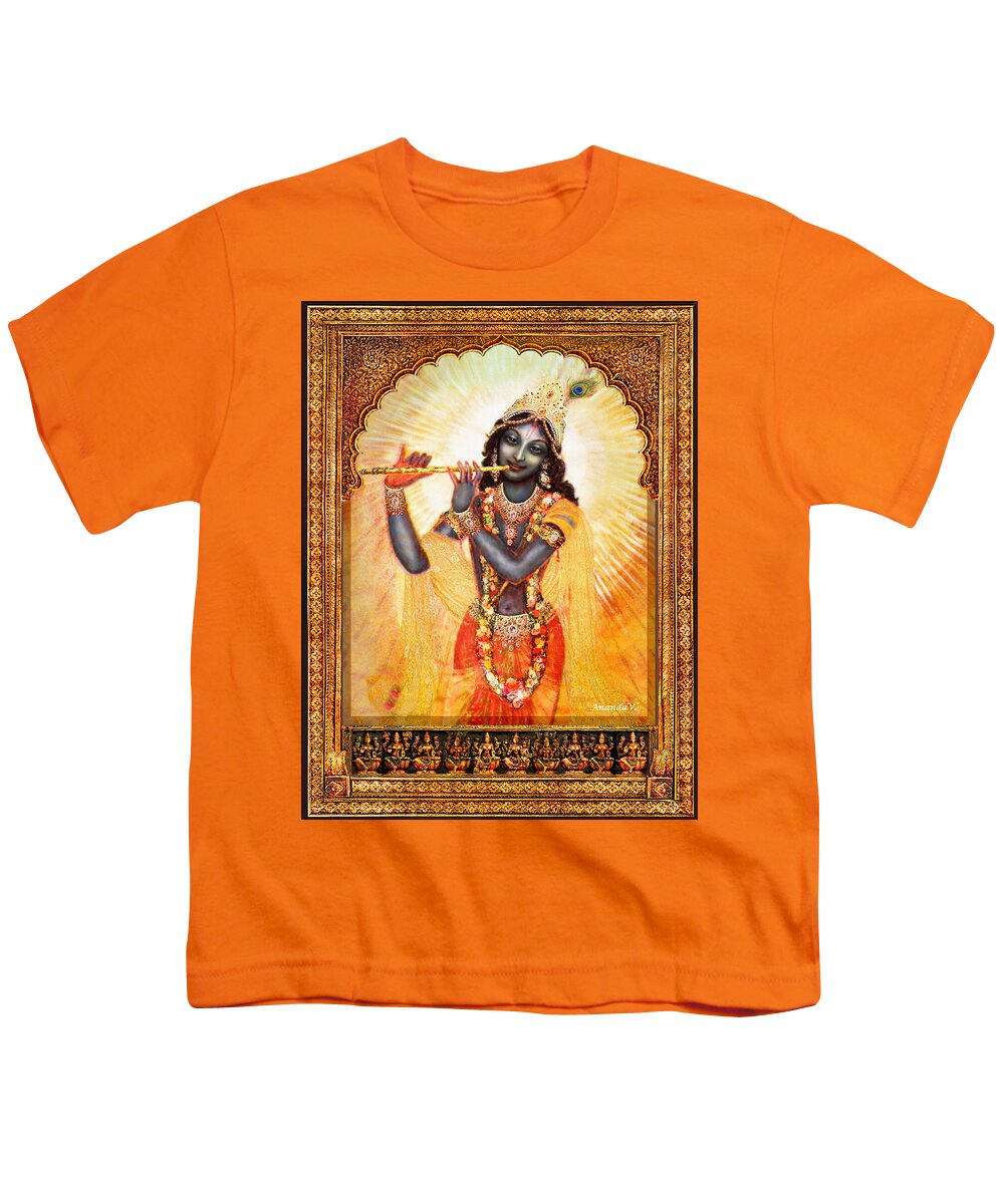 Krishna Youth T-Shirt featuring the mixed media Krishna with the Flute #2 by Ananda Vdovic