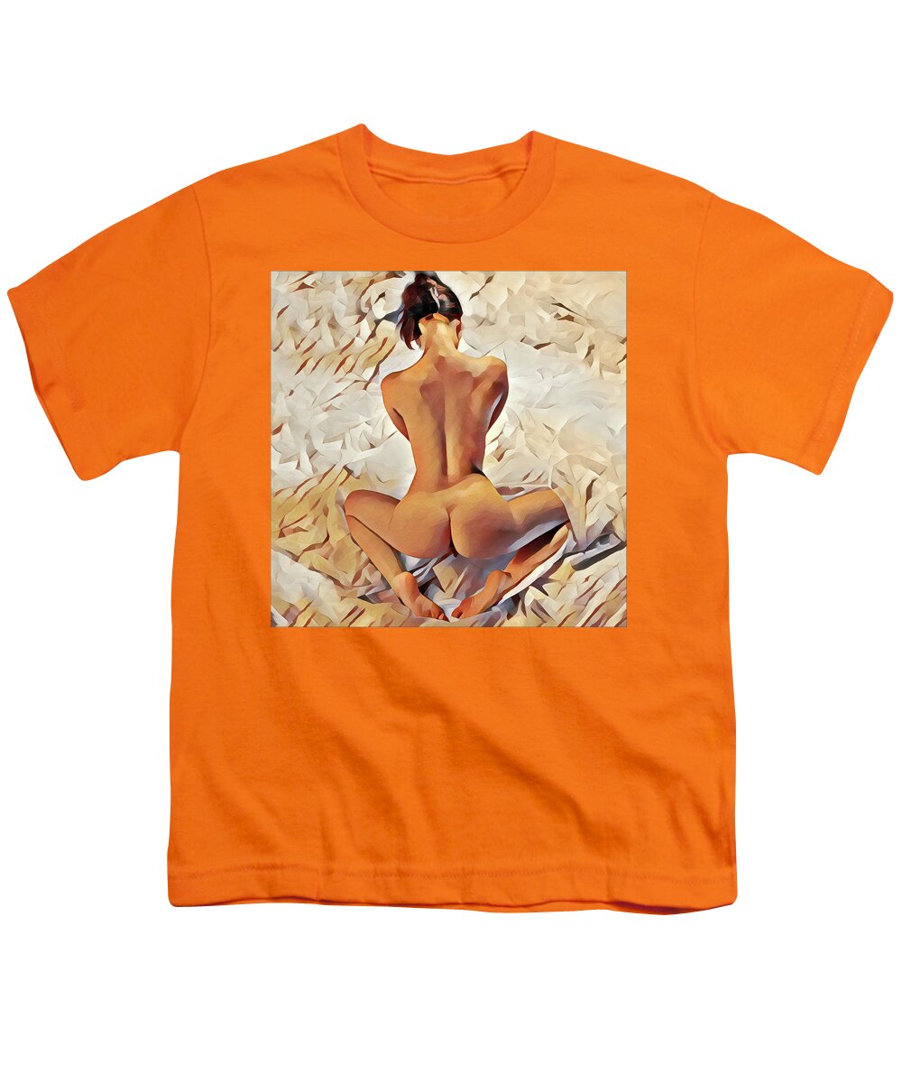 Watercolor Youth T-Shirt featuring the digital art 8797s-MAK Watercolor of Nude on Fabric Long Neck Broad Shoulders Slim Waist by Chris Maher