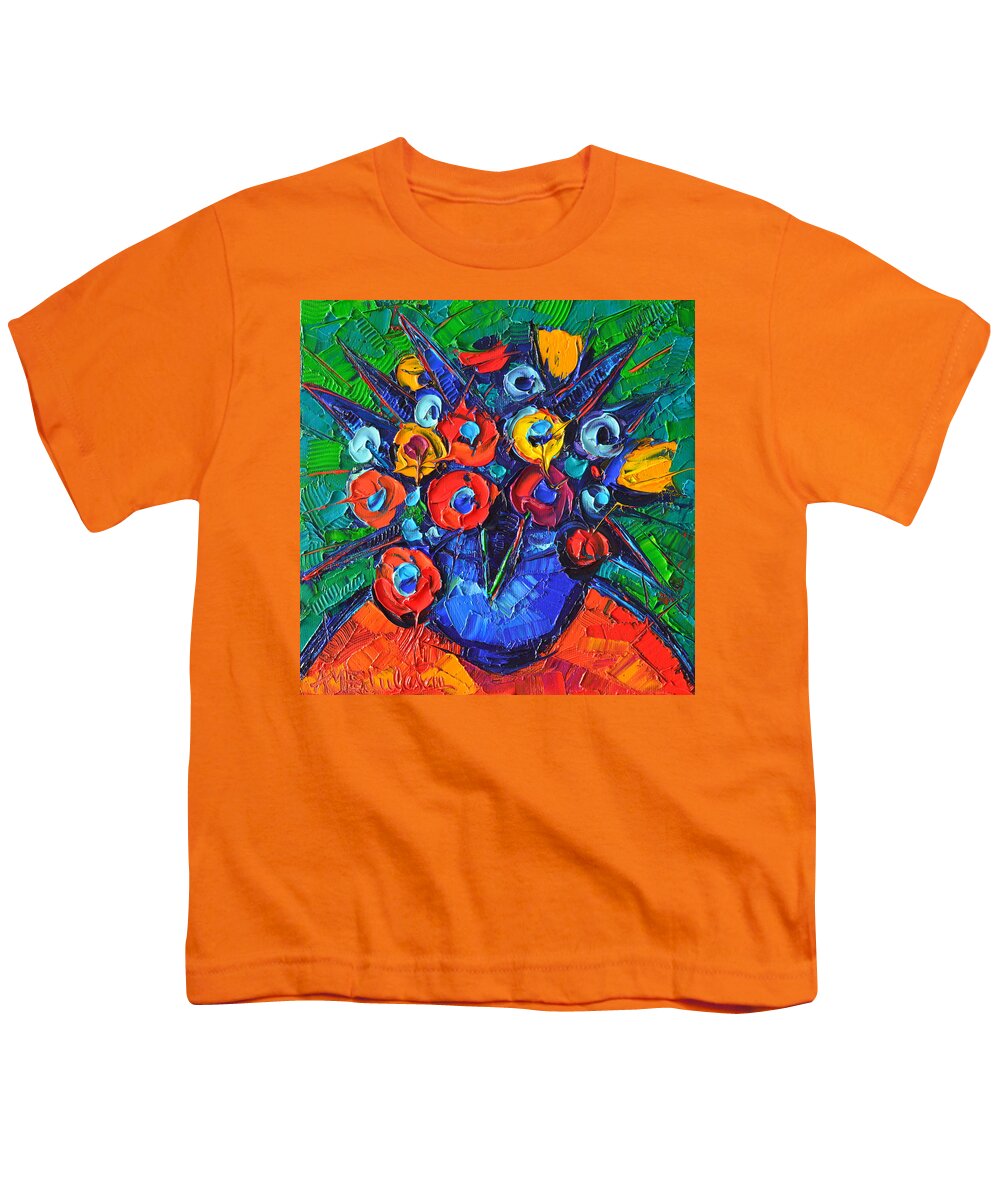Abstract Youth T-Shirt featuring the painting Abstract Colorful Flowers 77 Modern Impressionism Palette Knife Oil Painting By Ana Maria Edulescu  by Ana Maria Edulescu