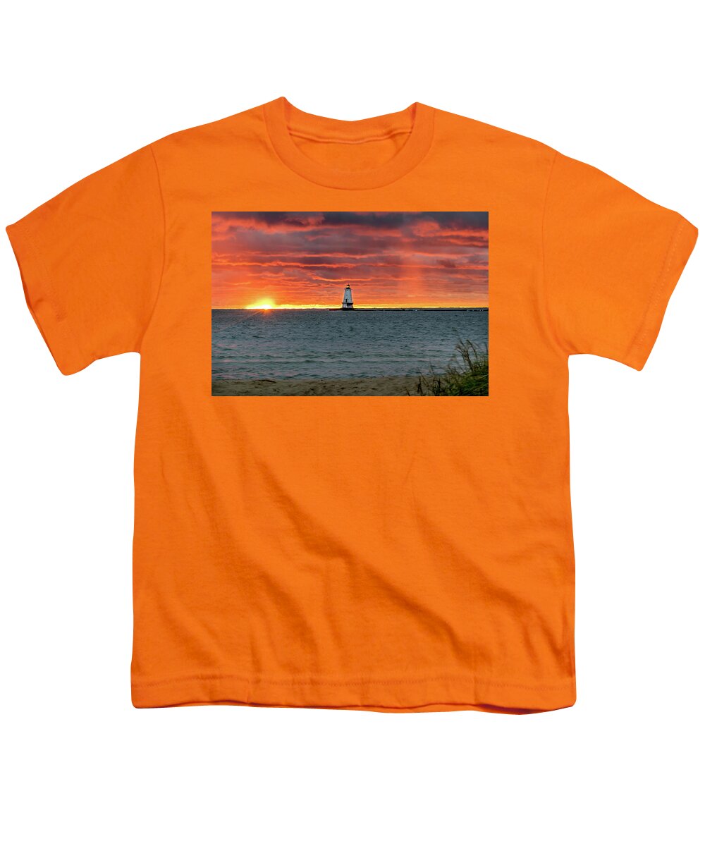 Ludington Mi Youth T-Shirt featuring the photograph Awesome Sunset with Lighthouse by Lester Plank