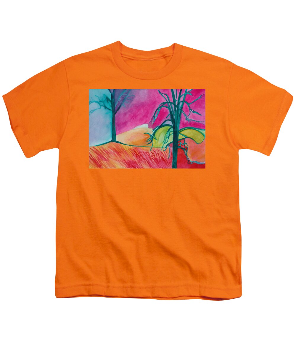 Landscape Landscapes Countryside Trees Nature Fauvist Expressionist Watercolor Gouache Paintings Painting Colors Color Bright Youth T-Shirt featuring the painting Beginning of Spring by Laura Joan Levine