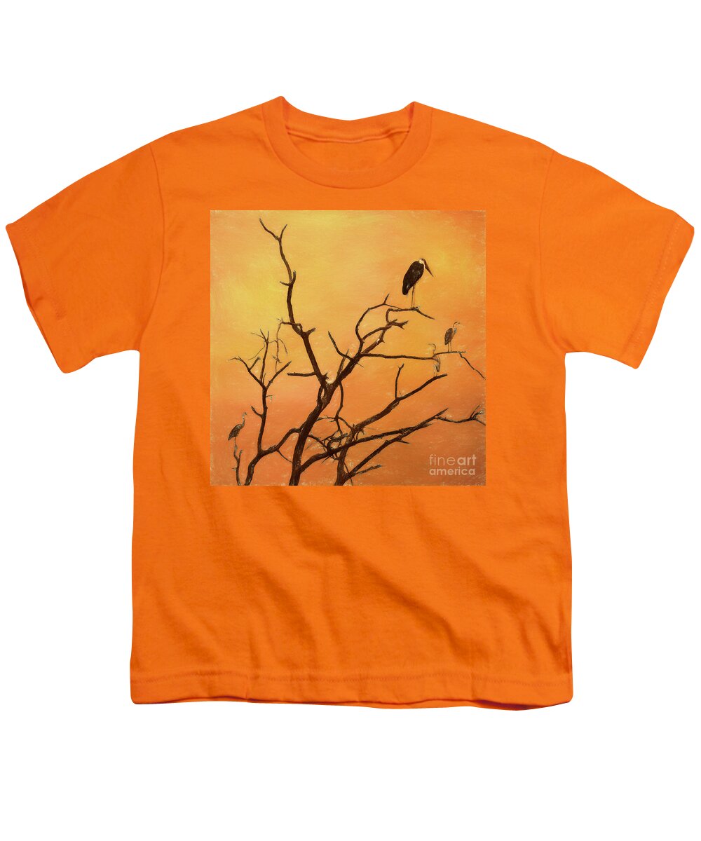 Marabou Stork Youth T-Shirt featuring the digital art Birds in an African Sunset by Liz Leyden