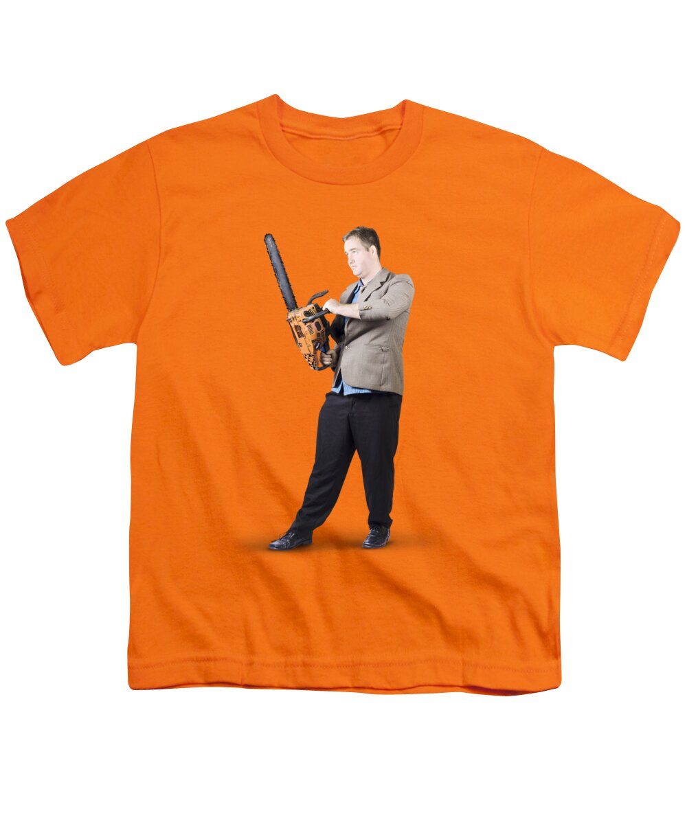 Chainsaw Youth T-Shirt featuring the photograph Businessman Holding Portable Chainsaw by Jorgo Photography
