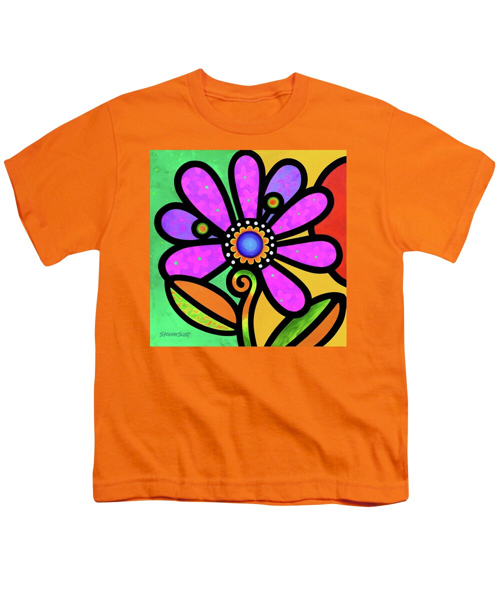 Daisy Youth T-Shirt featuring the painting Cosmic Daisy in Pink by Steven Scott