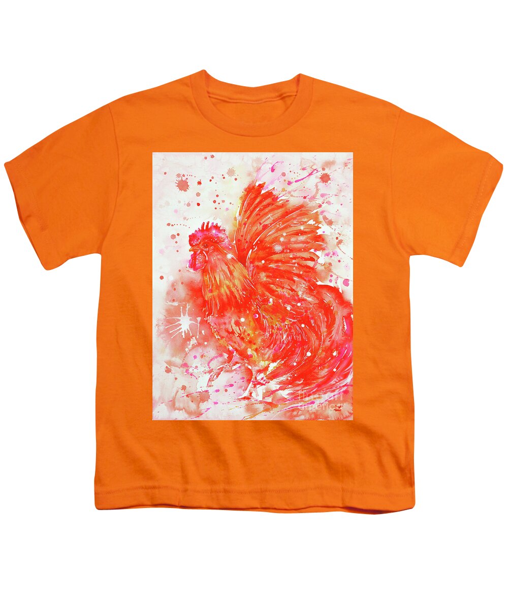 Red Rooster Youth T-Shirt featuring the painting Flaming Rooster by Zaira Dzhaubaeva