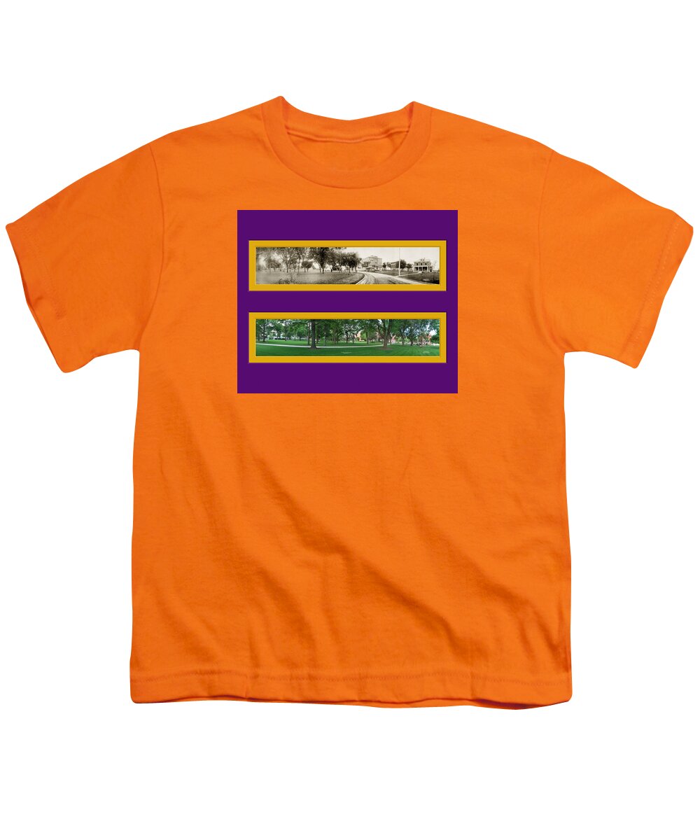 Historic Panorama Panoramic Reproduction Old New Now Then Cedar Falls Iowa Uni Youth T-Shirt featuring the photograph Historic Cedar Falls Iowa UNI Panoramic Reproduction by Ken DePue