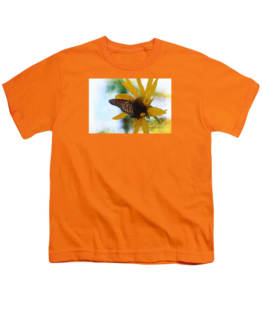 Monarch Youth T-Shirt featuring the photograph Monarch with Sunflower by Yumi Johnson