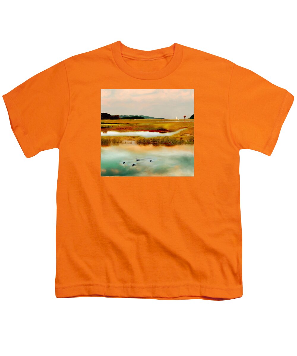 Essex River Youth T-Shirt featuring the painting Racing the Tide by Sand And Chi