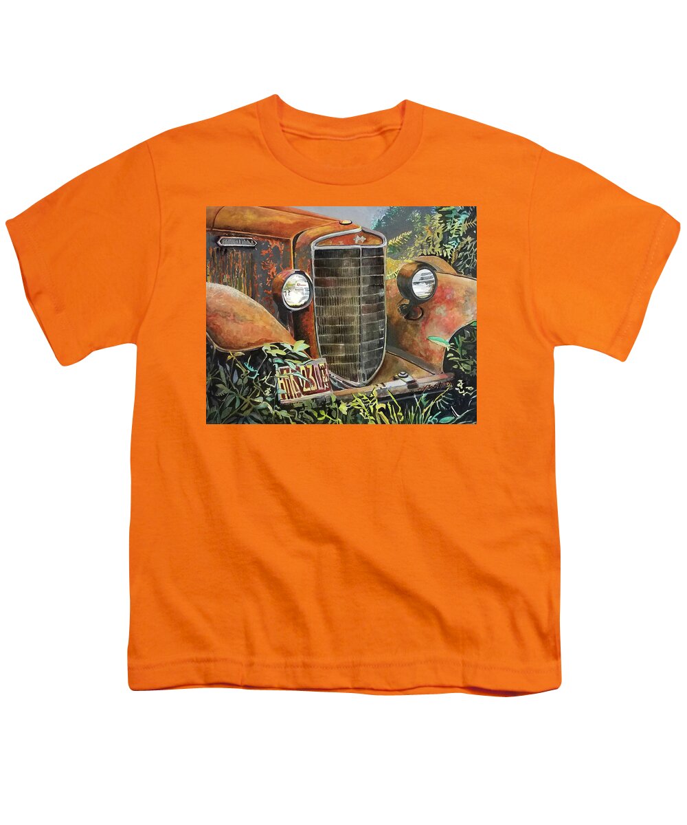 Antique Car Youth T-Shirt featuring the painting Rust Bucket by Lucy LeMay