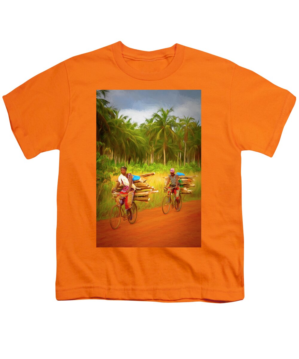 African Youth T-Shirt featuring the photograph Bicycling to Market Painting by Debra and Dave Vanderlaan