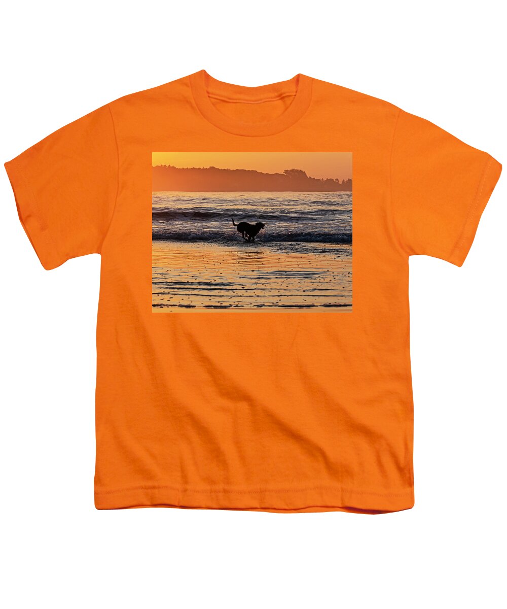 Kennebunk Youth T-Shirt featuring the photograph Charging towards the water Gooch's beach Kennebunk maine sunrise by Toby McGuire