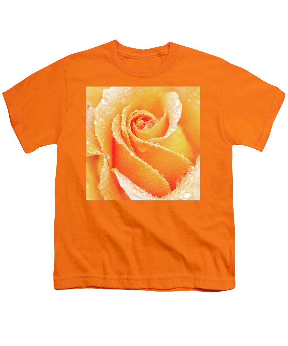 Rose Youth T-Shirt featuring the photograph Raindrops on the Heart of a Yellow Rose by Anita Pollak