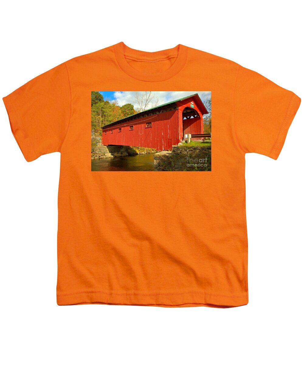 Arlington Green Covered Bridge Youth T-Shirt featuring the photograph West Arlington Covered Bridge by Adam Jewell