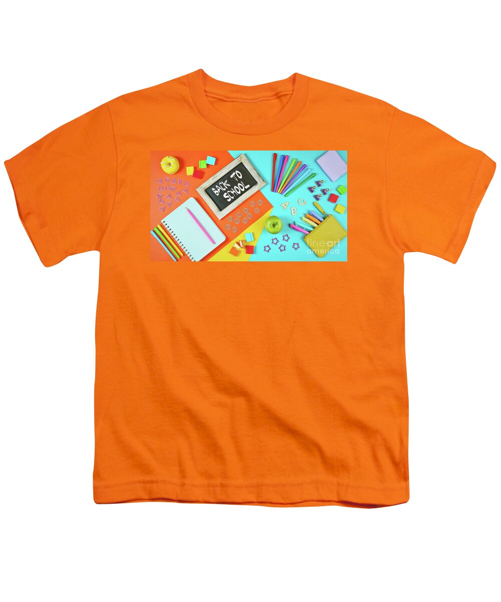 Back To School Youth T-Shirt featuring the photograph Back to school colorful kid's theme concept flat lay #1 by Milleflore Images