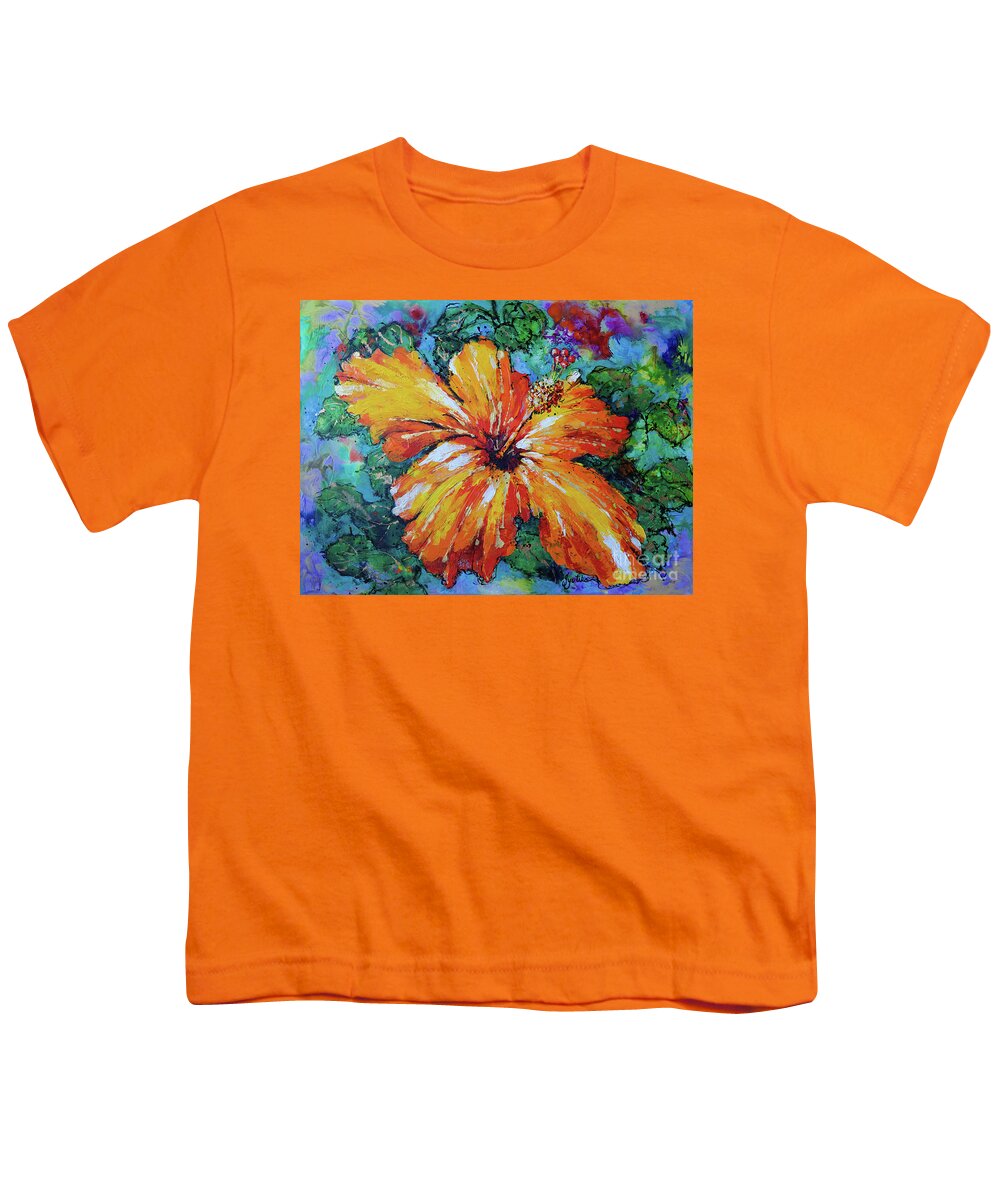 Orange Hibiscus Youth T-Shirt featuring the painting Orange Hibiscus by Jyotika Shroff