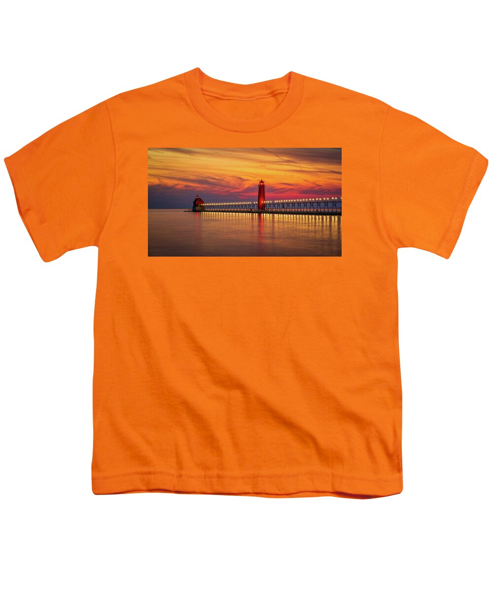 Grand Haven Youth T-Shirt featuring the digital art Sunset at Grand Haven Lighthouse #1 by Kevin McClish