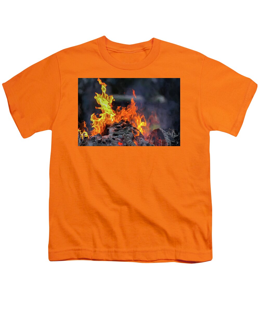 Bonfire Youth T-Shirt featuring the photograph Bonfire at a camp in summer evening outdoors #4 by Olga Strogonova