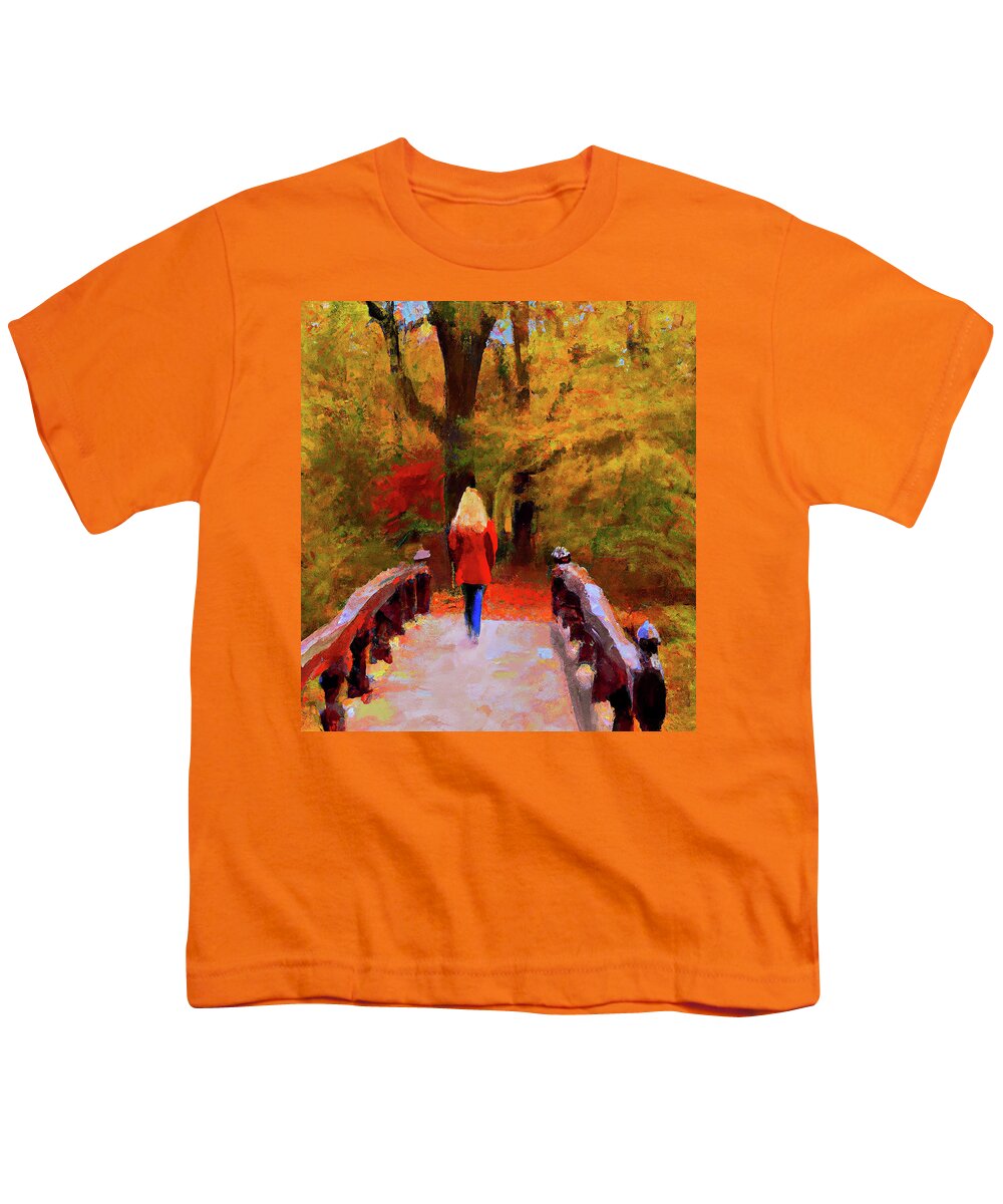 Autumn Youth T-Shirt featuring the digital art Autumn Stroll with Bridge by Alison Frank