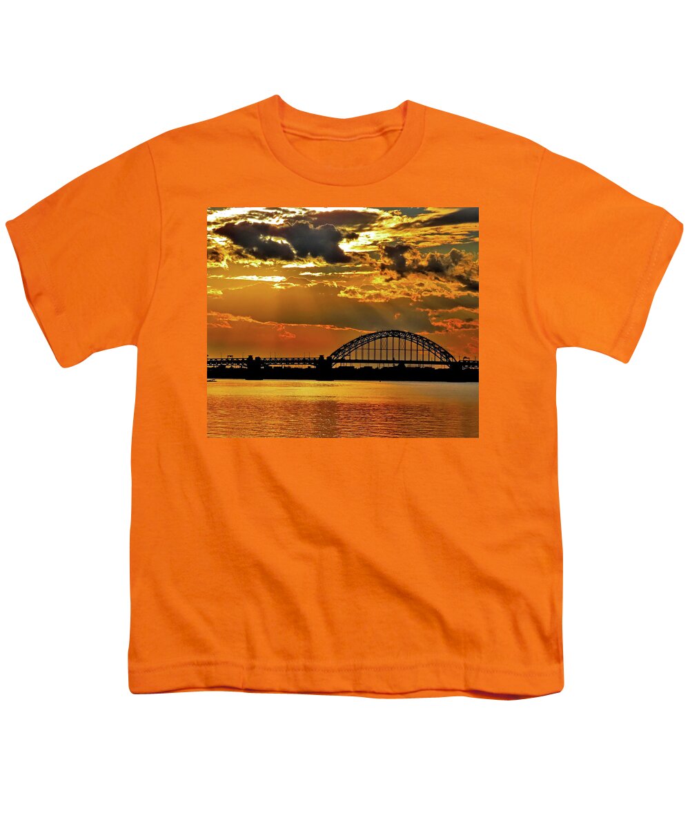 Sunset Youth T-Shirt featuring the photograph Autumn Sunset Behind Tacony-Palmyra Bridge on the Delaware by Linda Stern