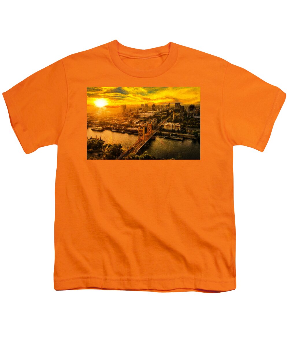Sacramento Youth T-Shirt featuring the digital art Downtown Sacramento and Tower Bridge at sunset - digital painting by Nicko Prints