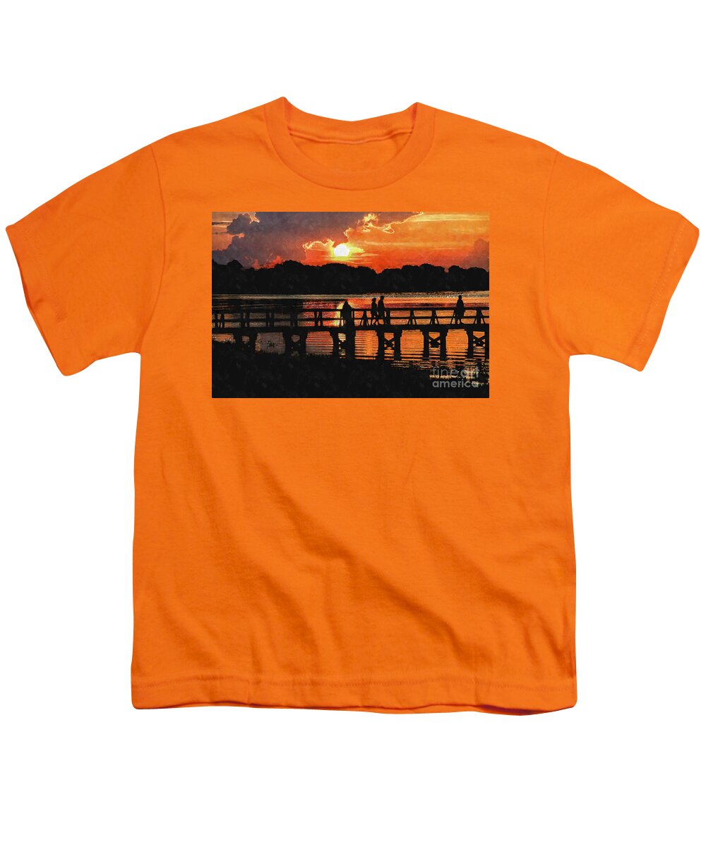 Lake Youth T-Shirt featuring the photograph Golden orange sunset over Lake Mineola at the pier in Clermont Florida USA by William Kuta