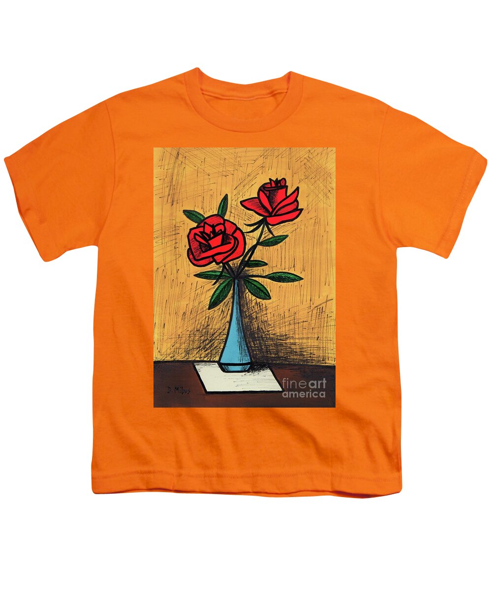 Mid Century Modern Still Life Youth T-Shirt featuring the painting Mid Century Blue Vase with Red Roses Still Life by Donna Mibus